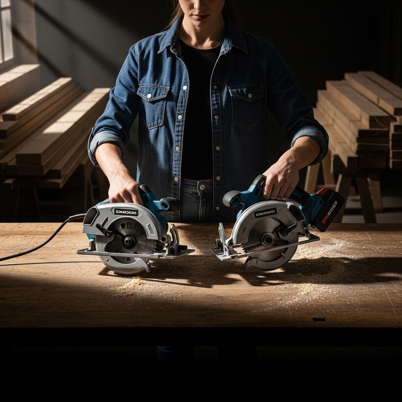 Woman comparing corded and cordless circular saws in a wooden workshop while choosing the best electric saw for home projects