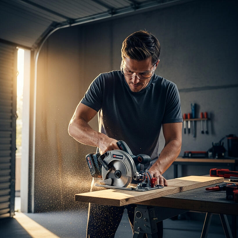 Man cutting wooden board with cordless circular saw in garage workshop during DIY home renovation project